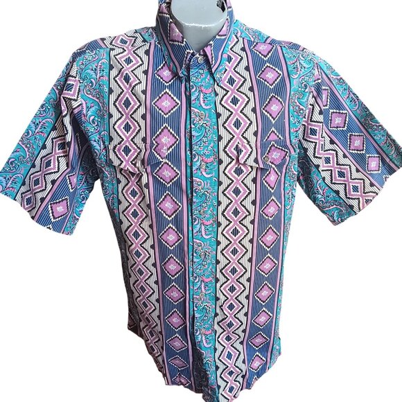 Vintage Large Brushpopper Western Shirt Aztec Geometric Wrangler USA Cowboy Cut - Picture 2 of 8